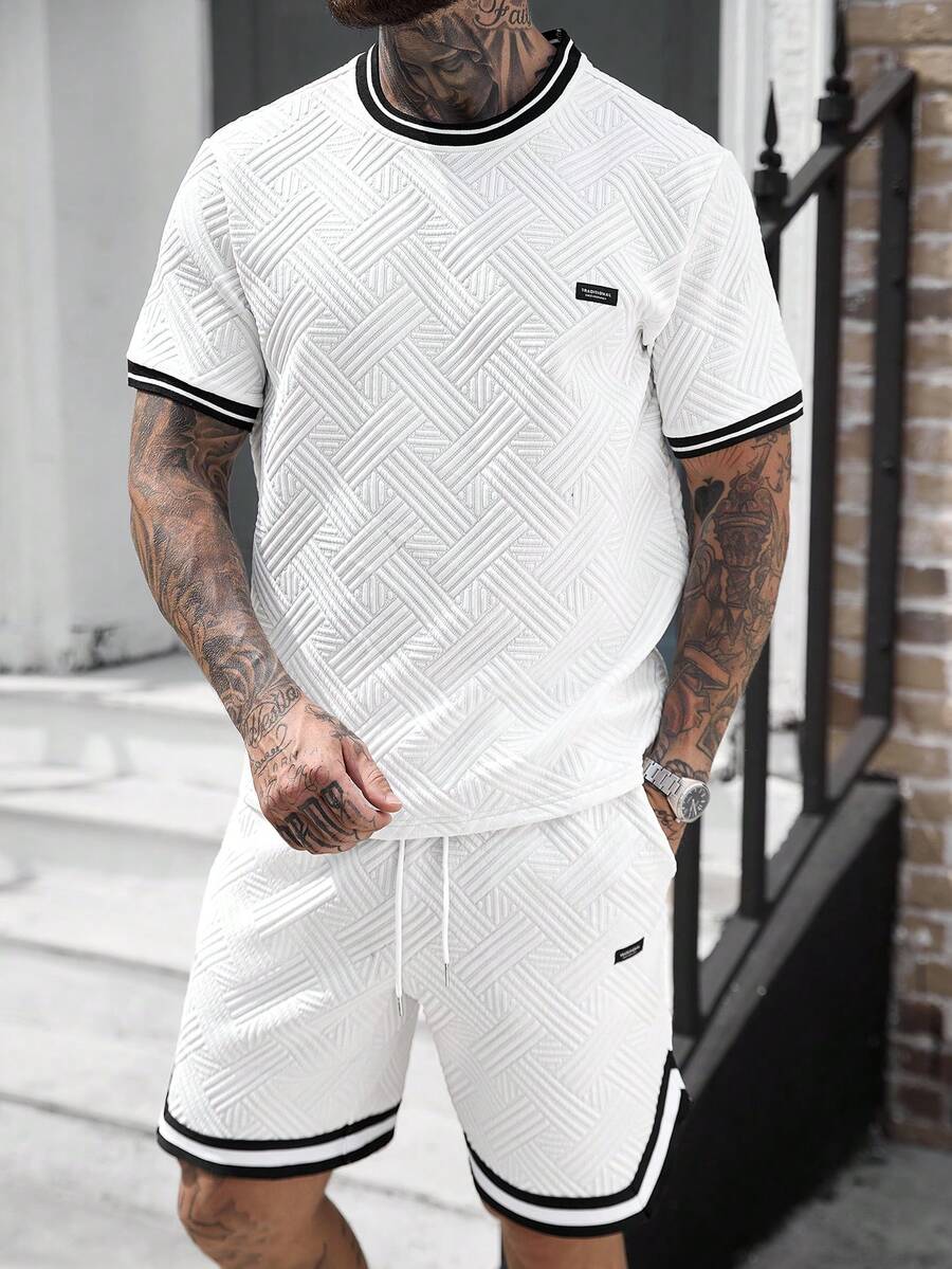 Manfinity CasualCool 男士白色夏季休閒街頭風兩件套,紋理絎縫短袖T恤與短褲套裝,城市度假寬鬆版型日常穿著復古Y2K - 白色 - 查看 1
