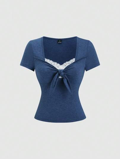 Sweetra Camiseta casual retro de manga corta con cuello de volantes, lazo delantero y estilo bohemio en color marrón dulce para mujer, primavera/verano