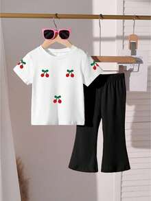 两件套女童喇叭裤套装，白色圆领短袖樱桃印花T恤，黑色喇叭裤，适合外出，春、夏、秋、冬四季皆宜，水果图案可爱，舒适百搭。 - 彩色 - 查看 6
