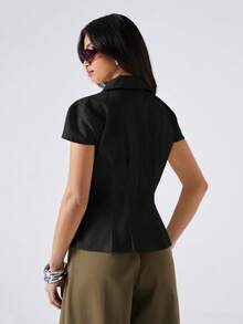 LYSMO 2026新款简约黑色扭腰休闲百搭短袖衬衫，女士时尚衬衫/休闲衬衫 - 黑色 - 查看 2