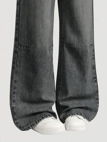 SHEIN 女童时尚宽松直筒水洗牛仔裤，撞色设计，百搭休闲裤，适合春、秋、冬季穿着 - 灰色 - 查看 4