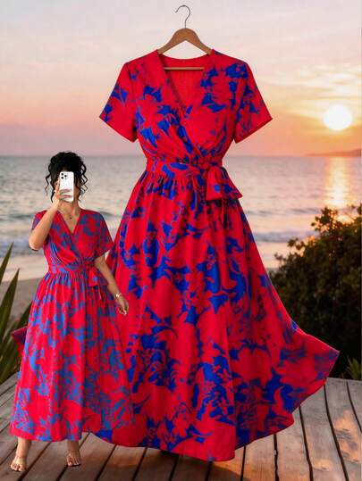 GlowEve CURVE Plus Size Women's Red & Blue Floral Wrap One-Piece Dress, Summer Short Sleeve V-Neck Cinched Waist Tie Midi Length Vacation Style Slimming Irregular Hem Retro Chic Dress For Commute & Date