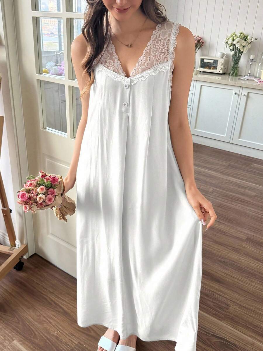 Snug Reverie Lace Patchwork V-Neck Decorated Button Sleeveless Nightgown - White - View 1
