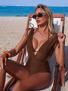 Swim Lushoire Women's Solid Color Casual Vacation One-Piece Swimsuit - Coffee Brown - View 1