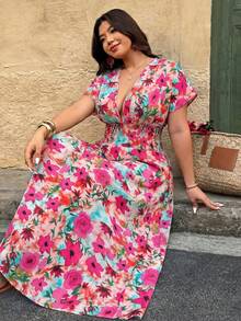 Weeklong Plus Size Women Printed Deep V Neck Dress, Random Print - Multicolor - View 4