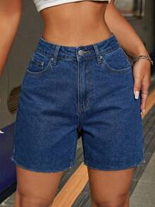 SHEIN Tall Women's Summer Casual High Waist Denim Skirt Knee-Length Dark Blue Frayed Hem Skirt With Pockets Perfect For Streetwear & Vacation Outfits Women's Summer Casual Slant Pocket Frayed Hem Denim Shorts - Medium Wash - View 5