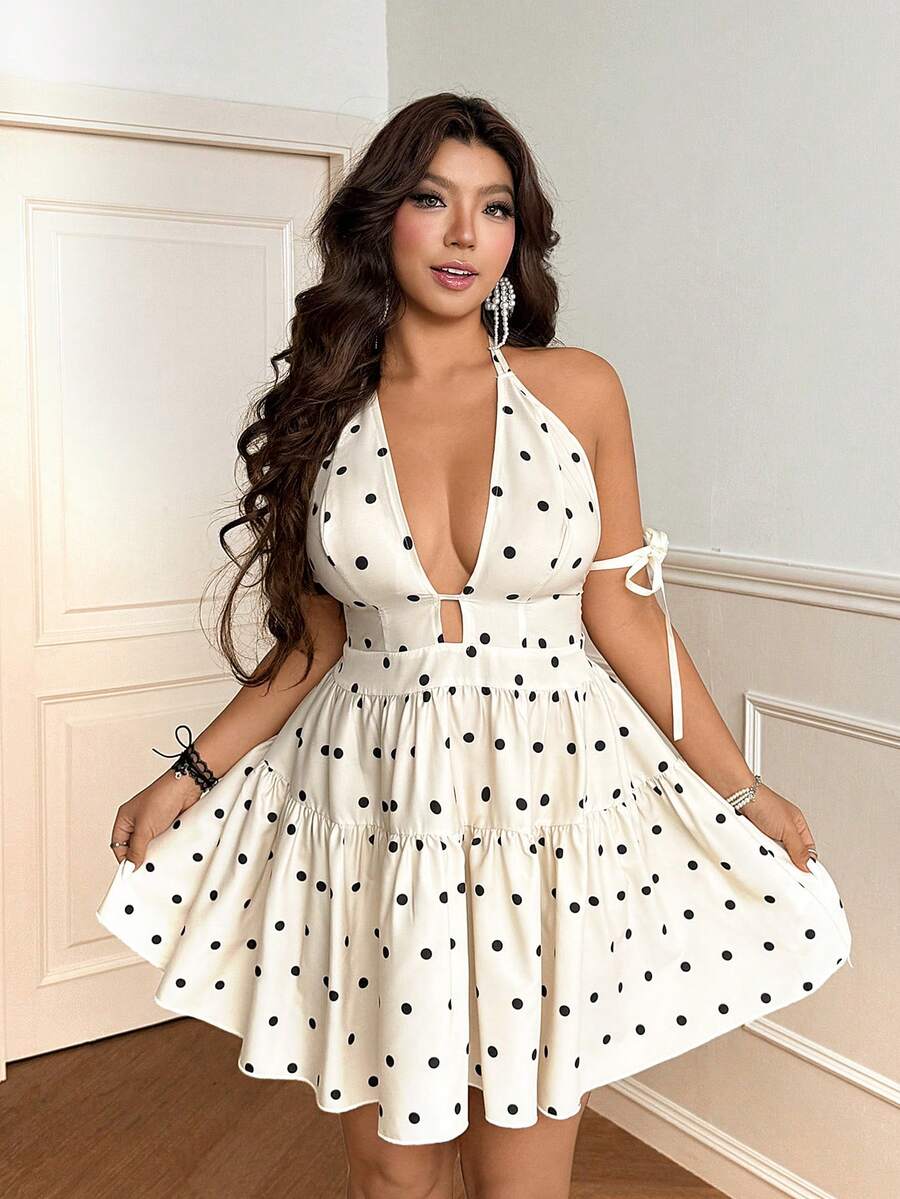 Vionelle Đầm nghỉ dưỡng cỡ lớn gợi cảm hở vai, lưng trần, thắt nơ - Màu be - Xem 1