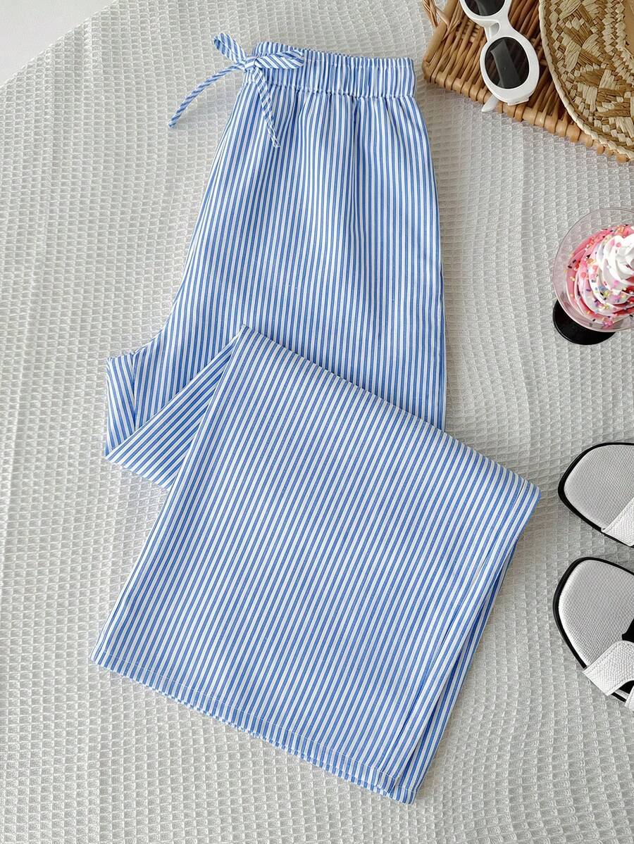 SHEIN 少女休闲简约舒适中腰直筒裤 - 藍色 - 查看 1