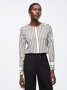 SHEIN BIZwear 女士竖条纹圆领衬衫，都市通勤办公商务休闲优雅正式上衣 - 彩色 - 查看 8