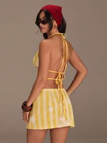 Athîral Women's Casual Vacation Knit Striped Yellow Floral Halter Top And Mini Skirt 2 Pieces Set, Yellow Two Piece Set, Yellow Two Piece Set Women, Yellow Summer Top, Yellow Stripe Top,Date Party Outfit, Daily Outfit, Holiday Outfit, Beach Outfit - Yellow - View 3