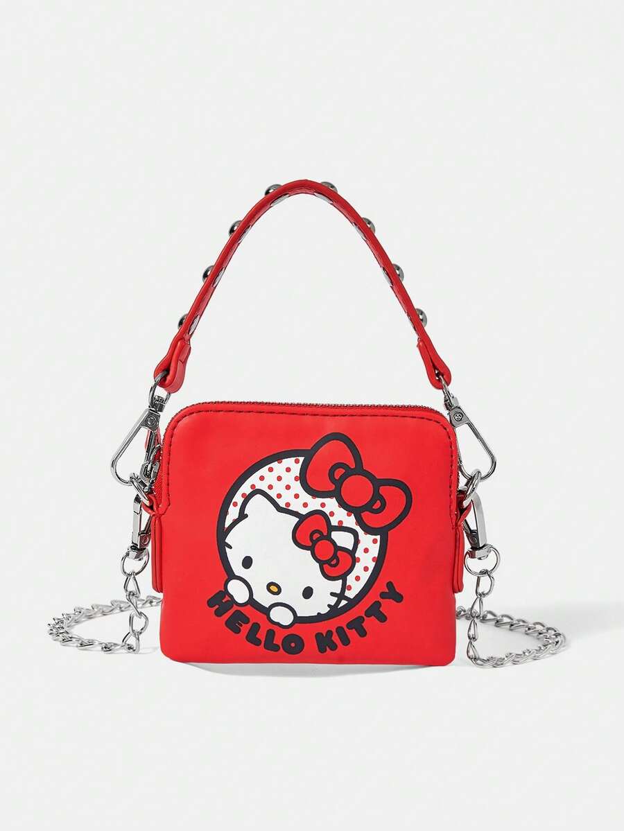 HELLO KITTY AND FRIENDS | SHEIN 1 buah Tas Tangan/Tas Selempang Kecil Wanita Modis, Manis, Imut, Serbaguna dengan Motif Merah Bercetak dan Hiasan Paku Keling, Dapat Digunakan Sebagai Tas Gantung Kecil (Tali Bahu Rantai Panjang yang Dapat Dilepas) - Merah 2 - View 1