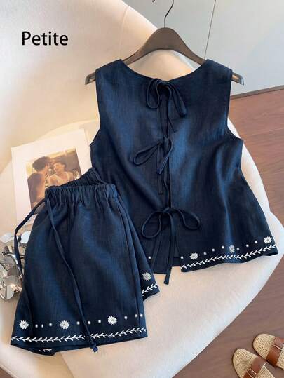 SHEIN PETITE 女士休闲度假套装，圆领露背扎染印花上衣搭配扎染短裤，春夏款