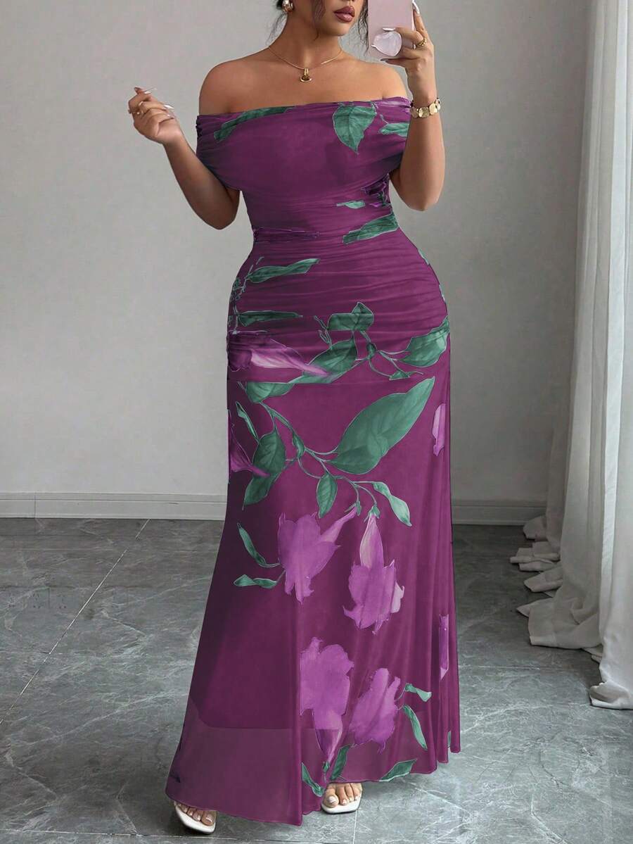 Modelyn Vestido de fiesta de una sola manga con volantes y estampado de malla para mujer de talla grande - Rojo violeta - Ver 1