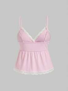 Kawaii Plus Size Sweet & Cute Doll Style Ribbed Lace Camisole & Shorts Pajama Set - Pink - View 6