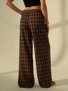 SHEIN Tall Quần nữ màu nâu kẻ caro dáng rộng, tối giản, phong cách thường ngày. - Nhiều màu - Xem 2