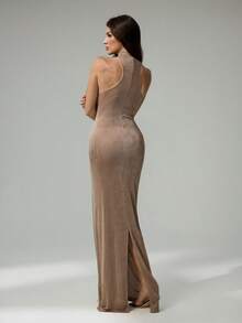 SHEIN Tall Đầm maxi nữ thanh lịch và gợi cảm với khóa kim loại trang trí, thiết kế khoét eo, ôm sát, chất liệu vải dệt kim co giãn. - Màu Khaki - Xem 3