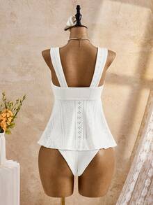 Bellisia 26SS Spring/Summer Vacation Beach Cute Yellow Jacquard Embroidered Camisole & Bikini Set - White - View 2