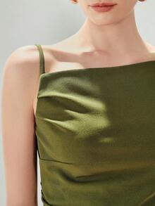 Aveloria Modichic Women's Chic Olive Green Summer Asymmetrical Pleated Cami Top,Slim Fit Ruched Boat Neck Strapless Solid Color Modern Tops For Brunch Nightclub Party - Army Green - View 3