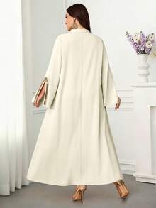 Al Najma Đầm thanh lịch cổ đứng thêu họa tiết, tay xẻ tà, chân váy xòe, thích hợp cho mùa xuân/hè. - Màu be - Xem 2