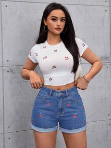 SHEIN ICON 女士水果刺绣可折叠下摆宽松牛仔短裤 - 淺色水洗藍 - 查看 10