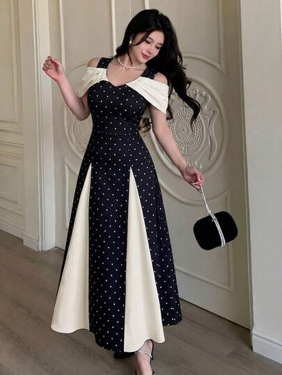 Modelyn Đầm dự tiệc/cocktail thanh lịch dành cho nữ, chất liệu dệt kim chấm bi đen trắng phối màu tương phản, kiểu trễ vai, thắt eo.