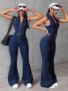 SHEIN EZwear Bộ áo liền quần không tay ôm sát, màu trơn, có khóa kéo, ống loe và quần yếm dành cho nữ. - Màu xanh lam - Xem 1