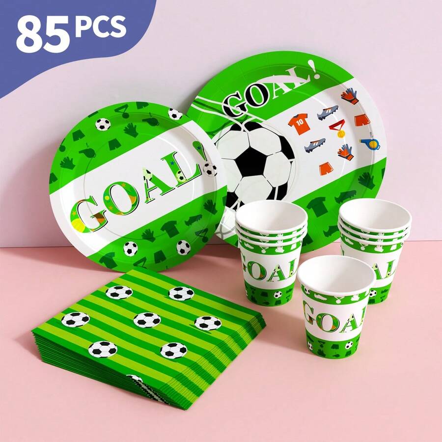 Green Football Disposable Plates, Napkins And Cups Set, Serves 20 Guests. This Disposable Party Set (Including Plates, Napkins And Cups) Is Perfect For Birthday Parties, Weddings And Family Picnics. - View 1