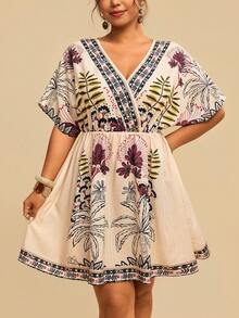 Travachic Plus Size Women Fashion Casual Printed V-Neck Short Dress - Multicolor - View 3