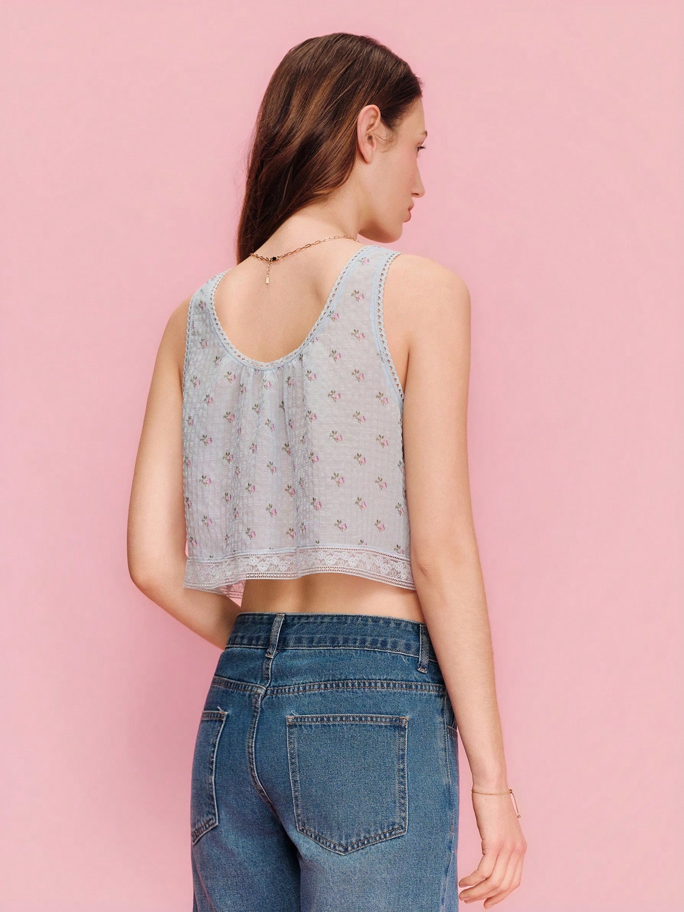 Sky Blue Floral Print Cropped Cami Top With A Round Neckline And Lace Detail Cute Top Vacation Top Women Resort Top Spring Summer French Style Parisian Style Floral Top Crop Top Sleeveless Top