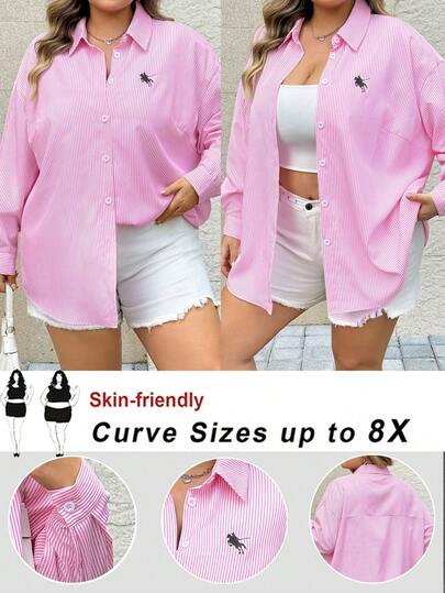 SHEIN CURVE+ Áo thun nữ cỡ lớn dáng rộng vai rớt, cài cúc đơn, màu hồng sọc, kiểu dáng thường ngày, áo mùa hè dễ thương.