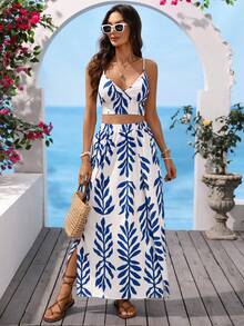 Vivid Eden 女士无袖印花露脐上衣和开衩裙两件套，春夏度假装 - 藍白色 - 查看 1