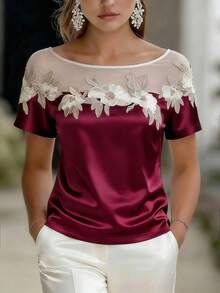 Balvessa 女士优雅圆领修身日常、度假、休闲、派对花卉装饰缎面衬衫，做工精良，春夏休闲短袖衬衫 - 彩色 - 查看 1