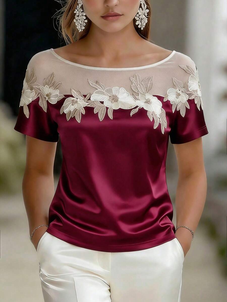 Balvessa 女士优雅圆领修身日常、度假、休闲、派对花卉装饰缎面衬衫，做工精良，春夏休闲短袖衬衫 - 彩色 - 查看 1