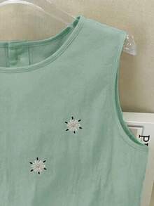 Everyssa 女士夏季无袖法式刺绣亚麻衬衫 - 薄荷綠 - 查看 3