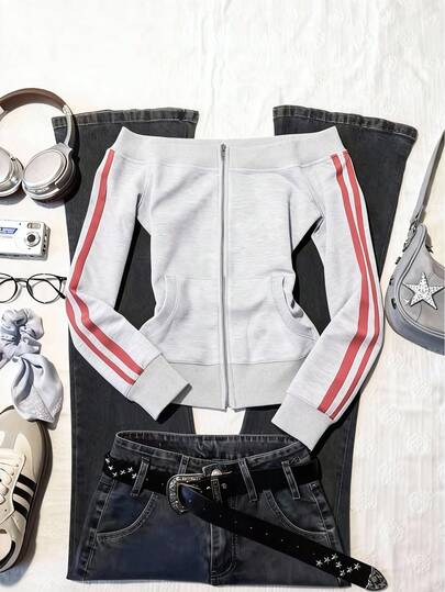 Glimmora Áo sweatshirt nữ tay dài trễ vai phối màu tương phản, khóa kéo phía trước, kiểu dáng thường ngày.