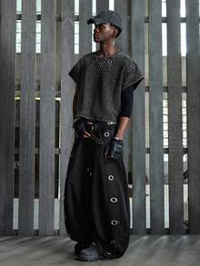 Manfinity RebelGame 男士休閒寬鬆T恤，雪花紋理，穿孔設計，度假風，父親節禮物，足球 - 黑色 - 查看 6