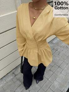 Siren Gaze 100%纯棉收腰V领喇叭袖衬衫，柔软亲肤，适合工作和度假穿着，优雅女士秋季衬衫 - 淡黃色 - 查看 4