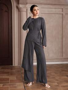 Graceveil Women's Blue White Stripe Autumn Elegant Office 3 Pieces Set Round Neck Long Sleeve Top Wide Leg Pants Business Casual Co Ords Terno Blouse Outfit - Green - View 2