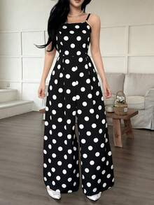 INAWLY 女士新款时尚复古优雅浪漫波点吊带阔腿连体裤，适合日常穿着、度假、海滩、休闲、通勤、音乐节、教师装扮，波西米亚风格 - 黑與白 - 查看 6