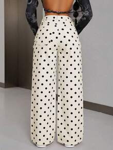 SHEIN PETITE Women's Polka Dot Pocket Button Casual Versatile Daily Wear Wide Leg Jeans - Beige - View 2