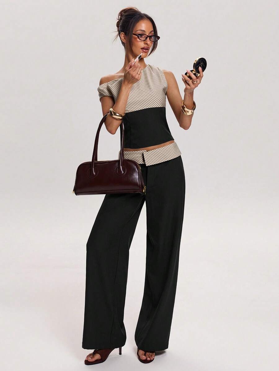 SHEIN BAE Quần ống rộng dáng suông kẻ sọc phối màu dành cho nữ, đa năng cho cả đi làm và đi chơi. - màu đen - Xem 1