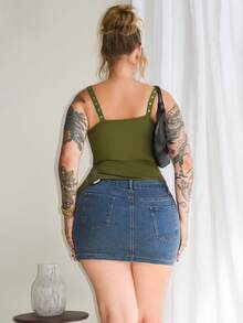 Arliah Women's Summer Metallic Eyelet Asymmetrical Hem Fitted Camisole - Army Green - View 2