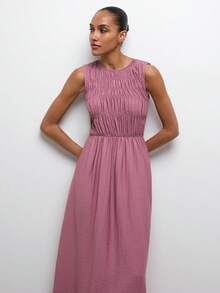 SHEIN Maija MAIJA 夏季沙滩印花褶皱荷叶边飘逸长裙 - 粉色 - 查看 6