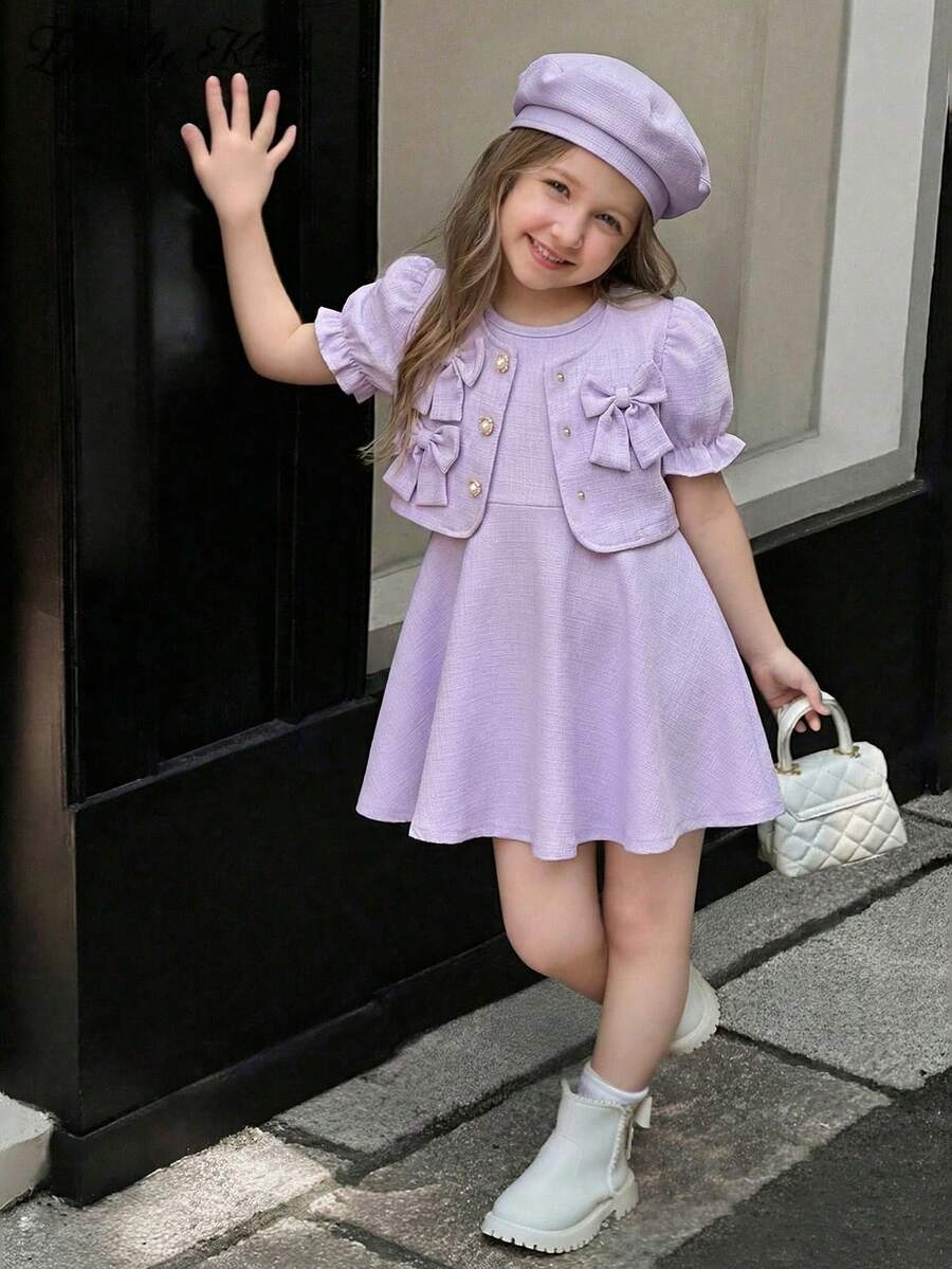Young Girl Puff Sleeve Jacket With 3D Bow Decor, Paired With Sleeveless Dress, Elegant For Daily, Work, Party