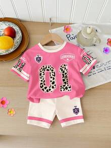 SHEIN 2pcs/Set Young Girl Letter & Number Print Round Neck Short Sleeve T-Shirt And Shorts, Casual Minimalist, Suitable For Spring/Summer Daily, Sports, Outdoor - Multicolor - View 3