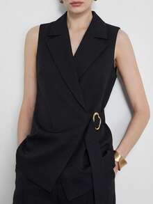 Nuevo conjunto elegante y de moda para mujer con chaleco con cinturón y hebilla asimétrica, y pantalones rectos - Negro - Ver 5