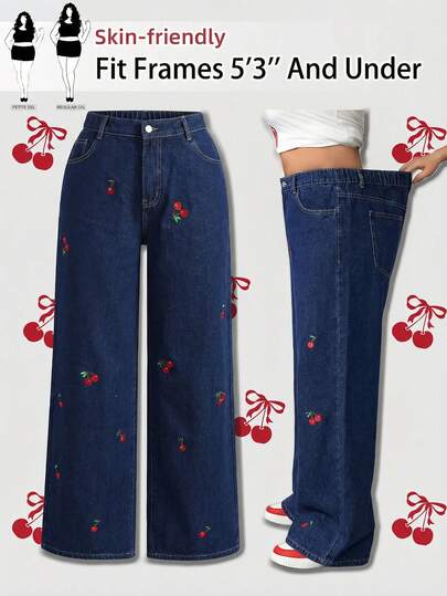 SHEIN PETITE CURVE Plus Size Women Cherry Embroidery Pattern Blue Loose Fit Jeans Summer 4th Of July 4th Of July Women Fourth Of July Work Clothes Women Airport Outfit For Women Vacay Outfits Women Club High Waisted Jeans Vintage Cute Jeans Y2k Streetwear Women Grunge Rave Outfits Festival