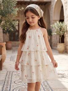 SHEIN Elladie kids Đầm công chúa dáng chữ A không tay, cổ bèo nhún bằng vải lưới kiểu Mori ngọt ngào cho bé gái. - trắng - Xem 4