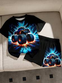 2pcs Set Young Boys Off-Road Vehicle Graphic Print Black T-Shirt And Shorts,Summer Fashionable Casual Comfortable Round Neck Short Sleeve Outfit - Black - View 3