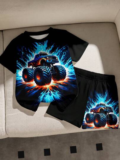 两件套男童越野车图案印花黑色数码印花时尚休闲舒适黑色圆领T恤和黑色短裤，男童短袖短裤套装，适合所有季节，街头酷炫风格